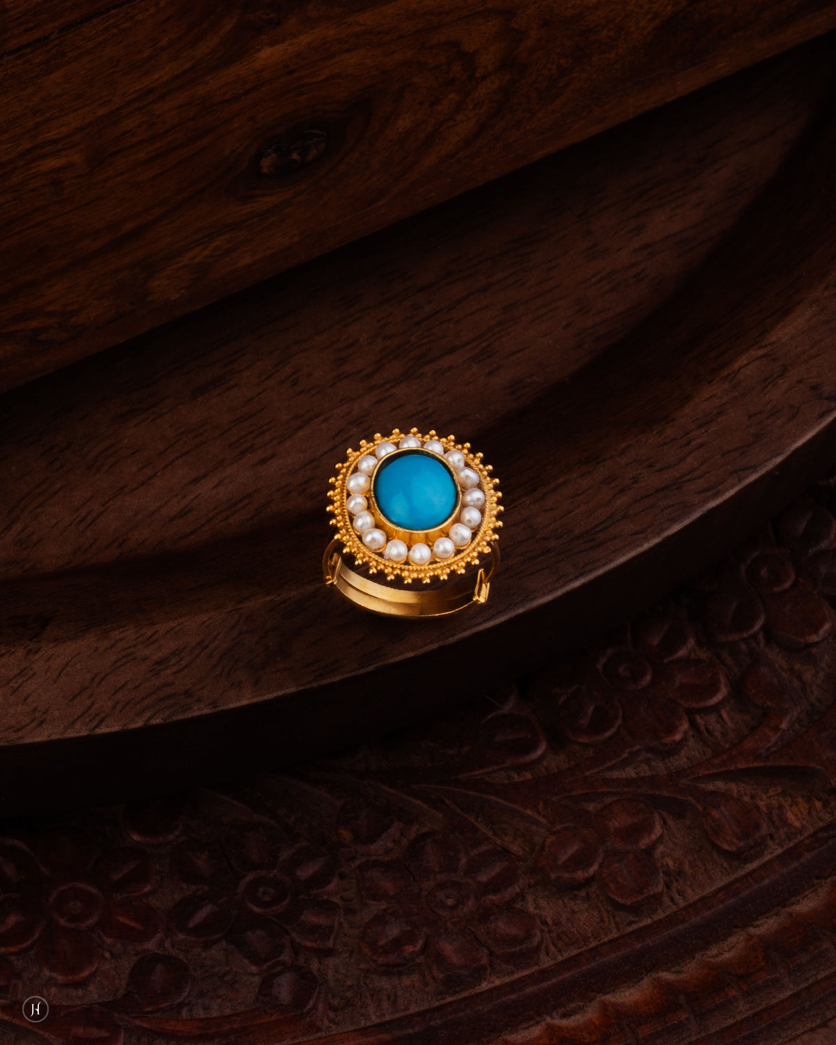 21K Yellow Gold Bahraini Turquoise & Pearl Flower Ring