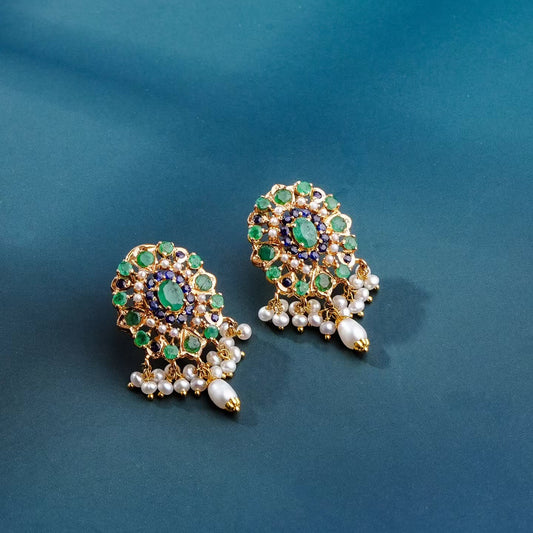 21K Yellow Gold Pakistani Emerald Freshwater Pearl Bridal Earrings.