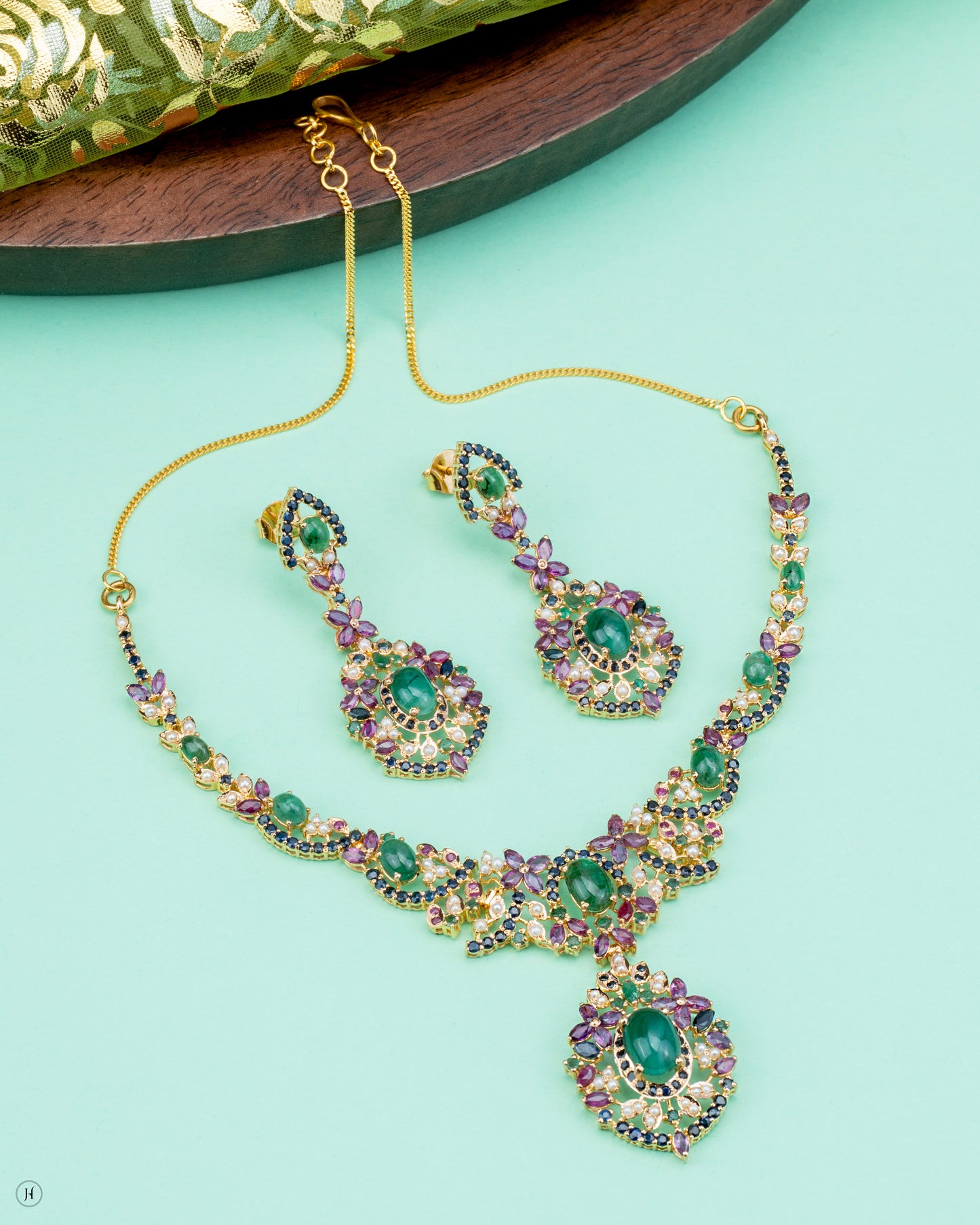 21K Yellow Gold Pakistani Floral Multi-Gemstone Necklace Set for women in UAE