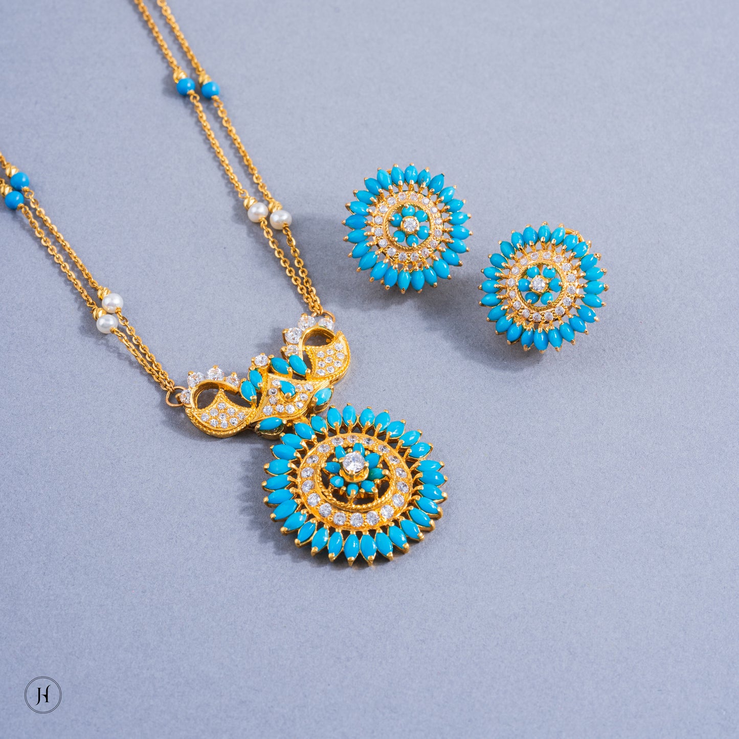 21K Yellow Gold Pakistani Floral Turquoise Necklace Set