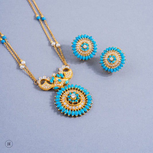 21K Yellow Gold Pakistani Floral Turquoise Necklace Set