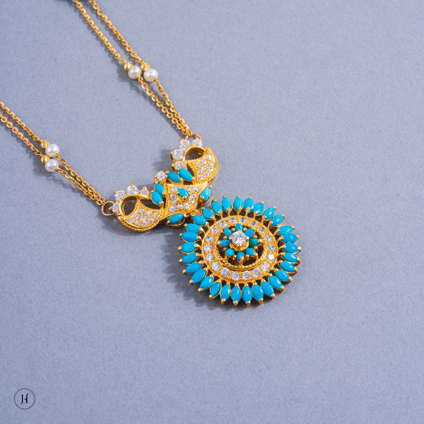 21K Yellow Gold Pakistani Floral Turquoise Necklace Set for women | online arabic jewellery in UAE|