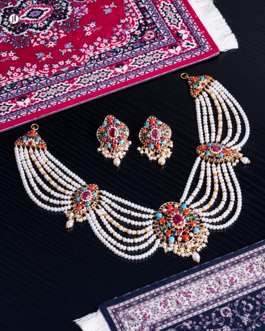 21K Yellow Gold Pakistani Majestic Pearl & Gemstone Choker Set for women in UAE