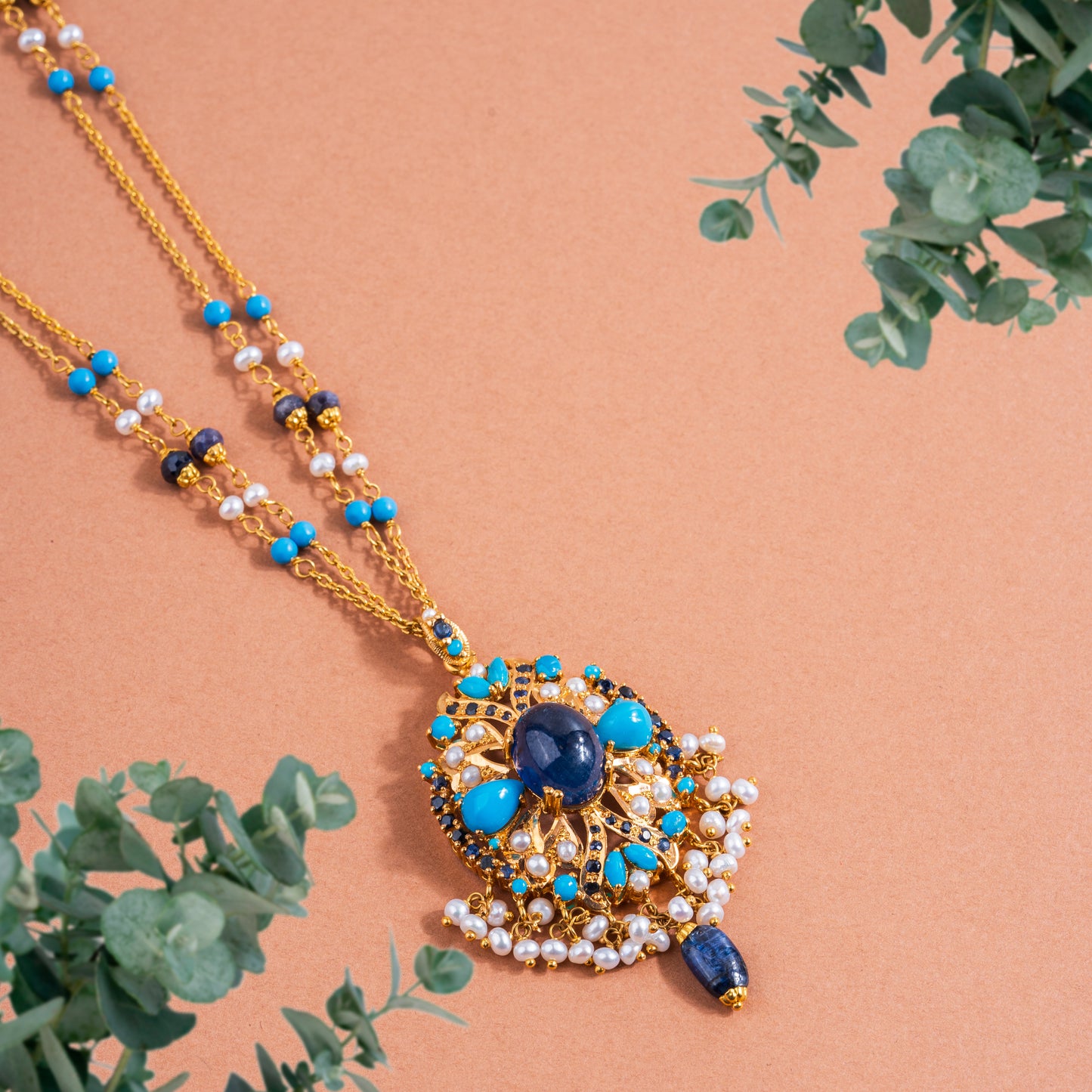 21K Yellow Gold Pakistani Pear Floral Sapphire Necklace Set