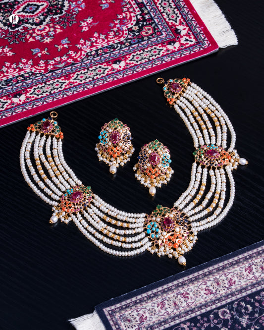 21K Yellow Gold Pakistani Royal Pearl & Gemstone Bridal Choker Set for women in UAE | online Jewellery store In UAE