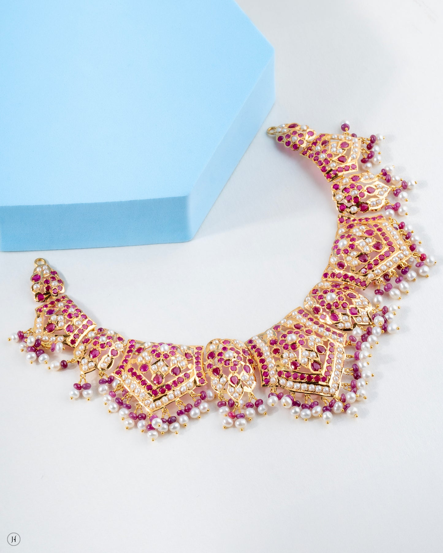 21K Yellow Gold Pakistani Ruby-Pearl Gemstone Bridal Choker for women in UAE