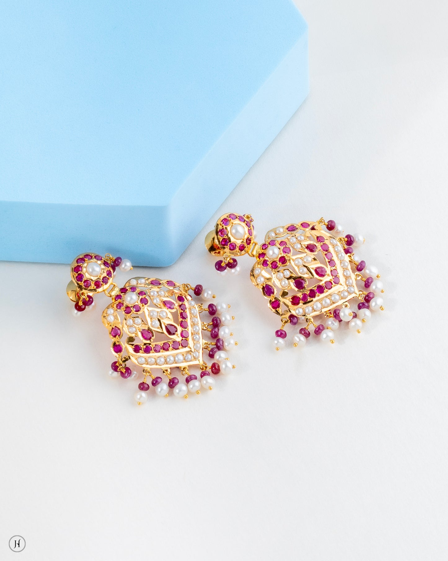 21K Yellow Gold Pakistani Ruby-Pearl Gemstone Bridal Earrings women in UAE