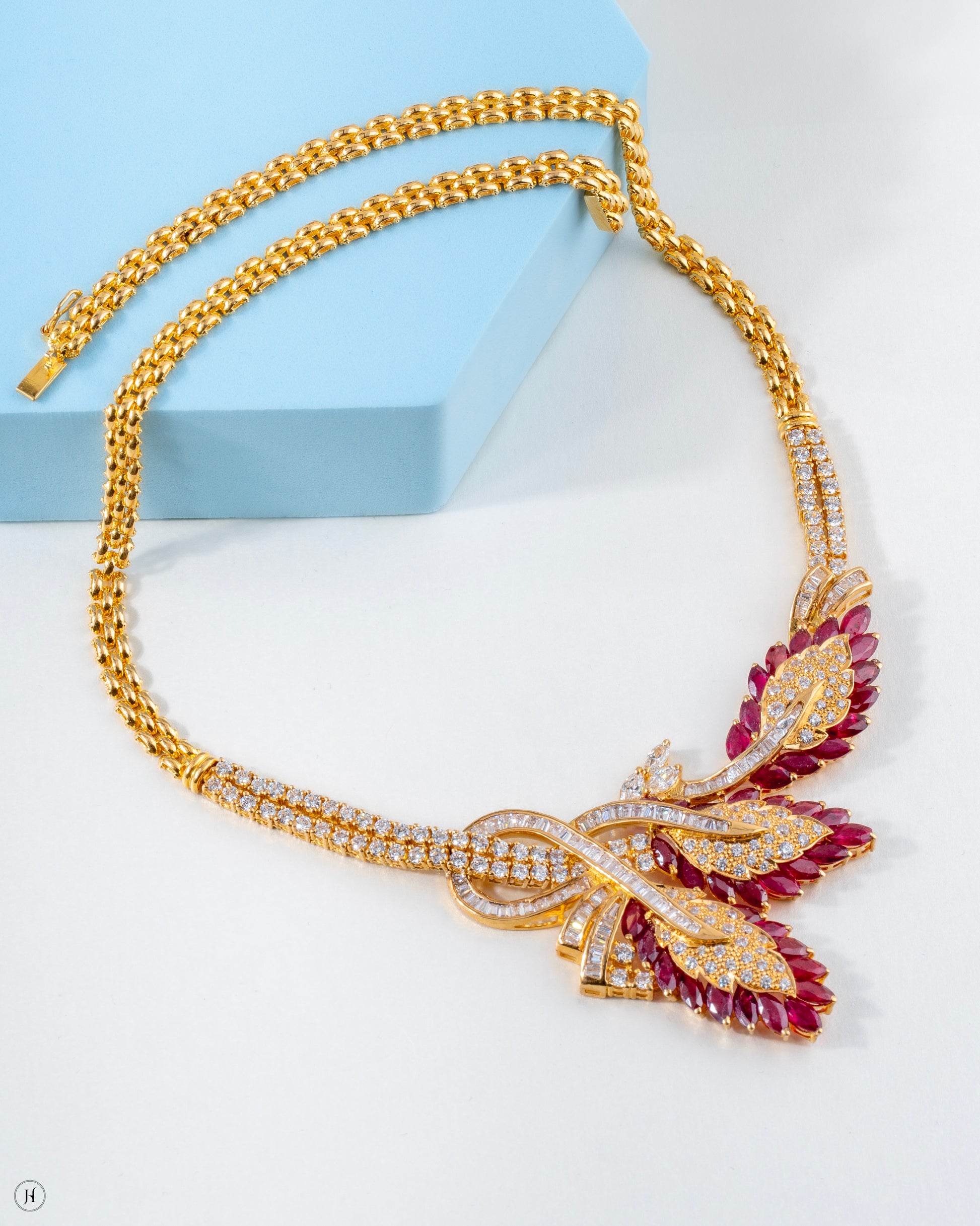 21K Yellow Gold Pakistani Ruby Leaf Gemstone Necklace Set for women in Dubai, UAE