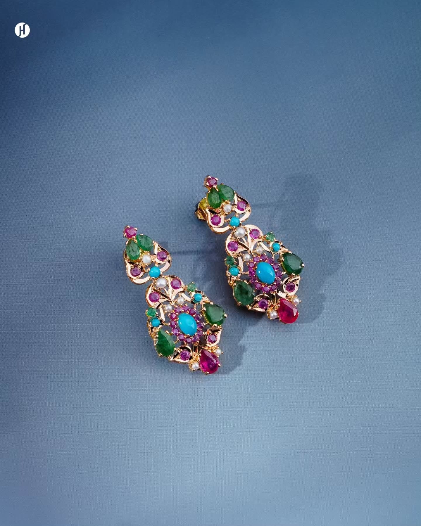 21K Yellow Gold Pakistani Ruby Turquoise & Pearl Floral Earrings for Khajeeli.