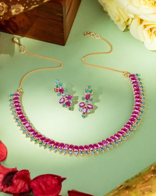 21K Yellow Gold Pakistani Ruby and Emerald Necklace Set for Women In Dubai