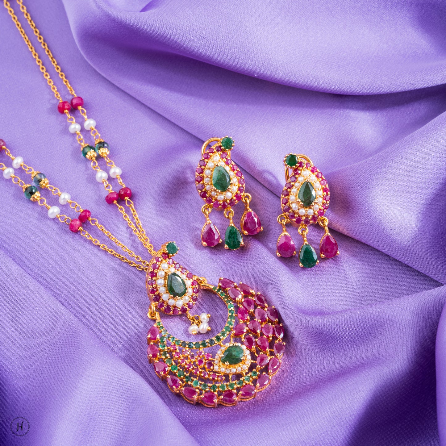 21K Yellow Gold Pakistani Teardrop Multi-Gemstone Necklace Set