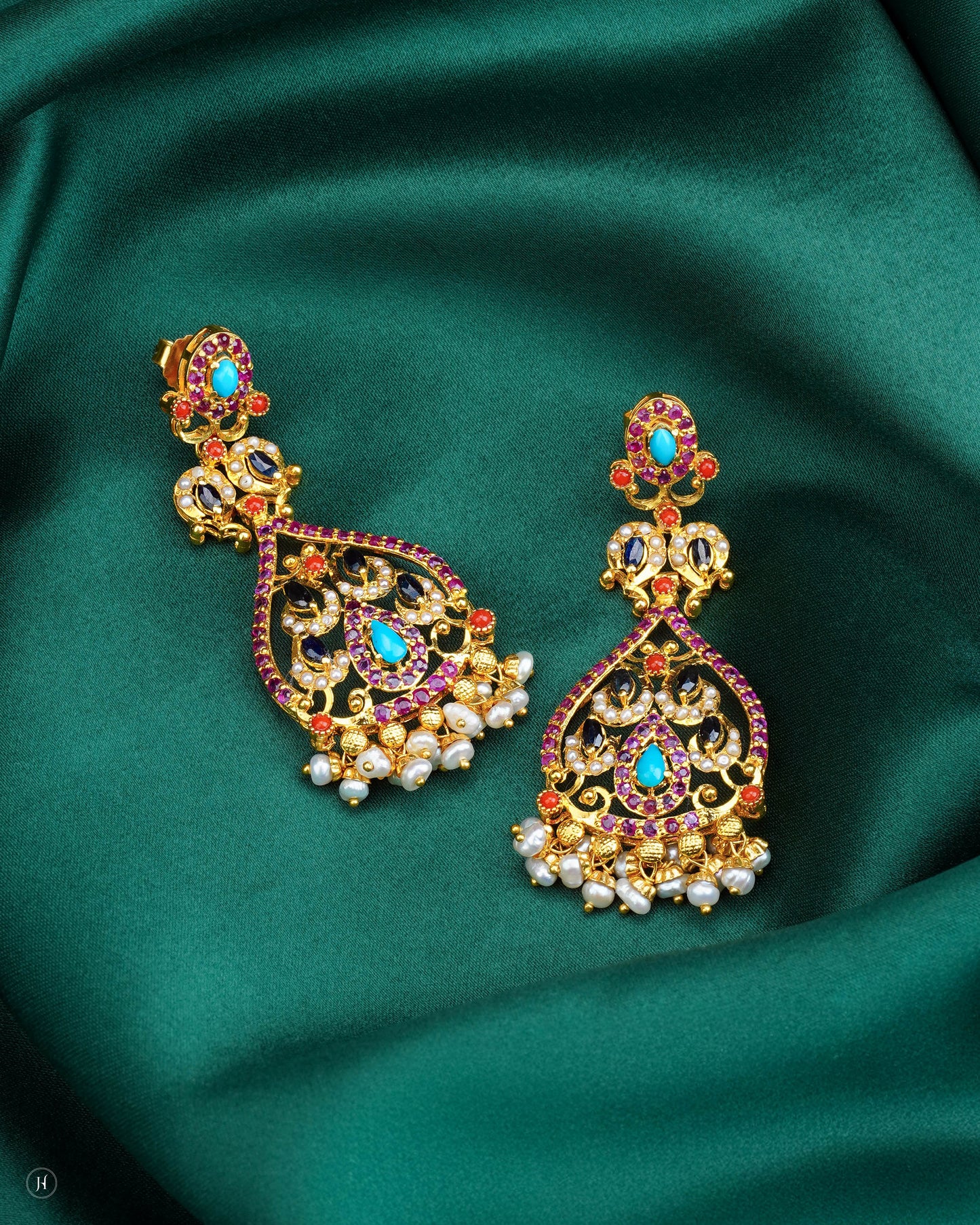 21K Yellow Gold Pakistani Turquoise & Ruby Pearl Drop Bridal Earrings | Online Jewellery Store in UAE- J.H. Jewellers