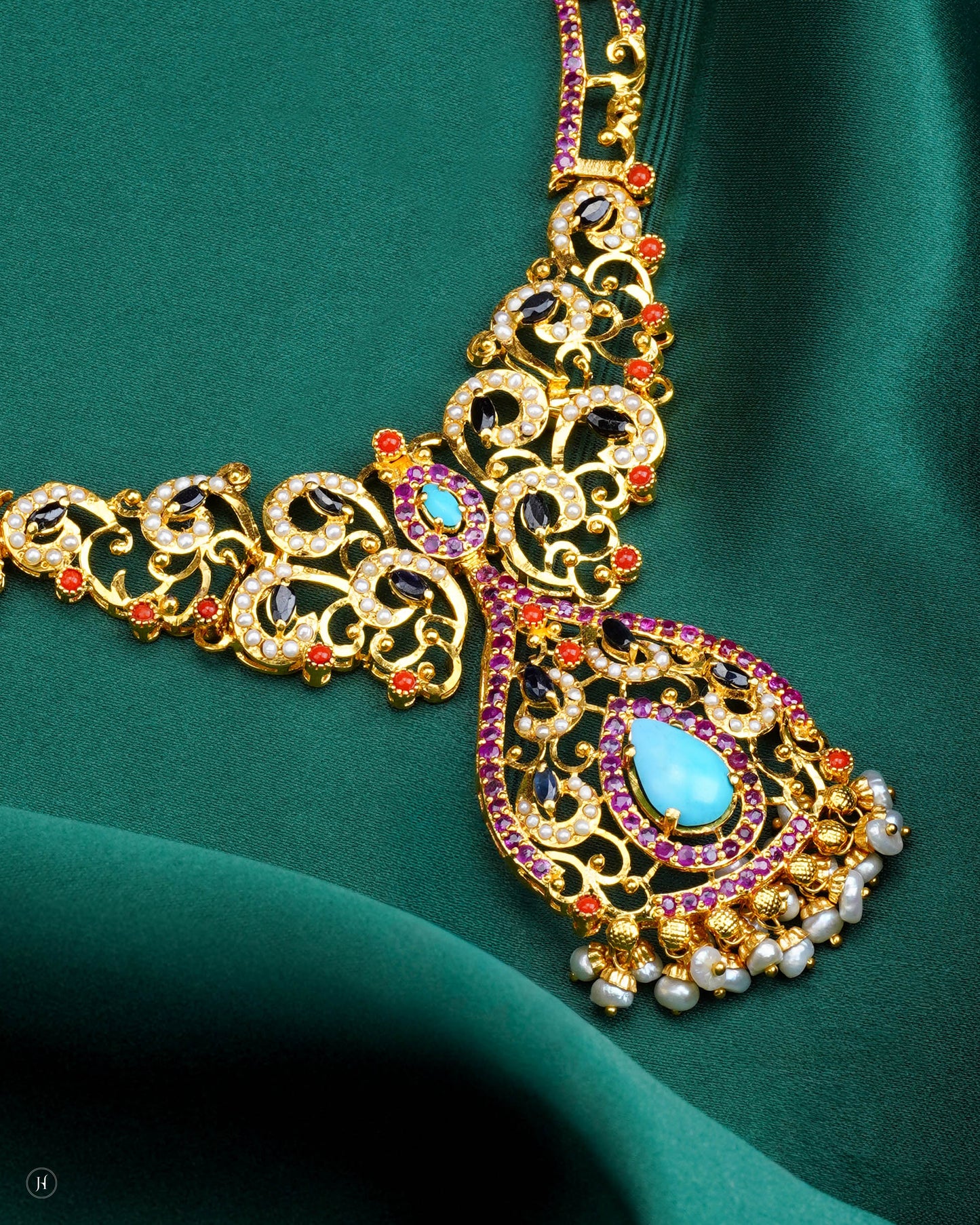 21K Yellow Gold Pakistani Turquoise & Ruby Pearl Drop Bridal Necklace | Online Jewellery Store in UAE- J.H. Jewellers