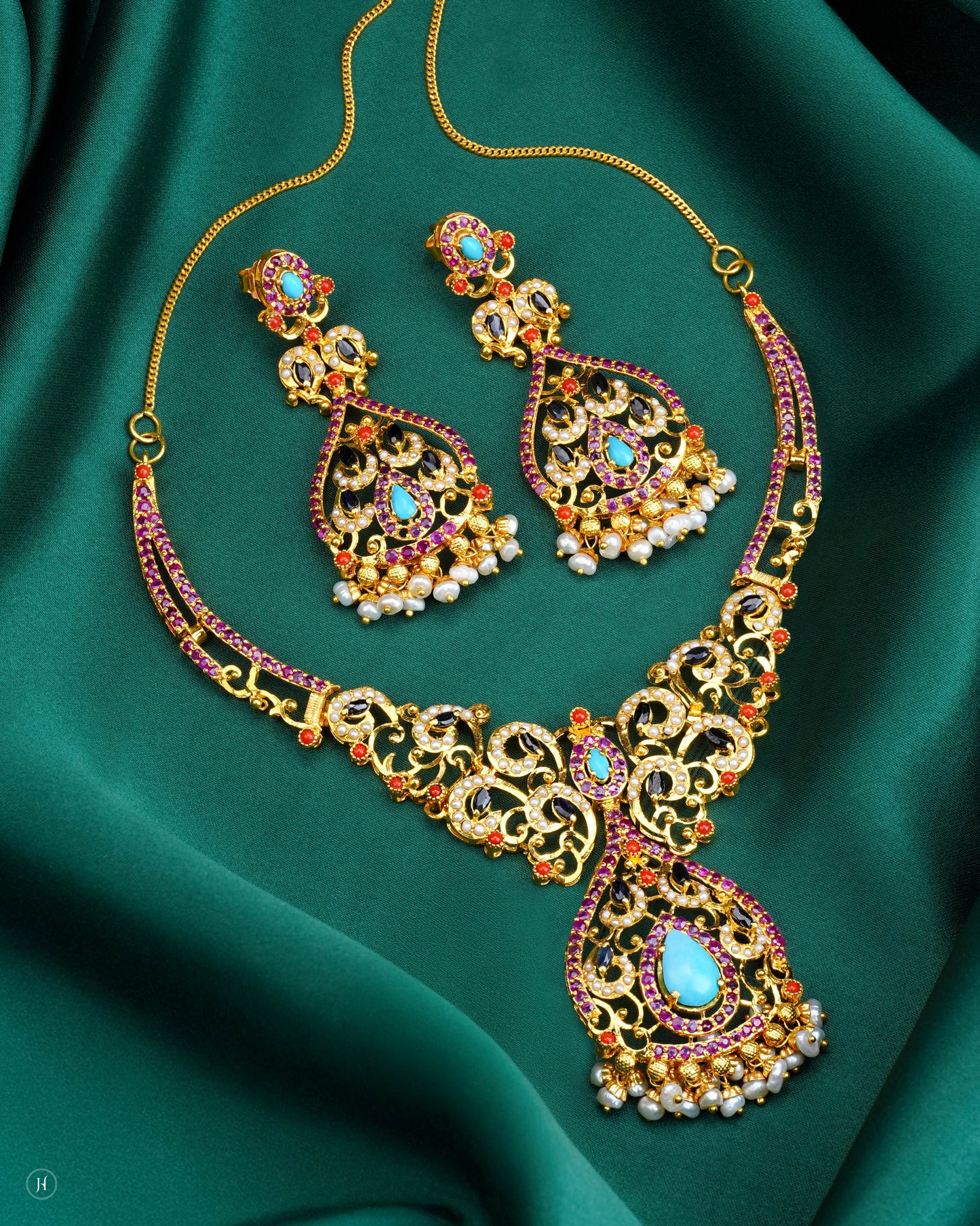 21K Yellow Gold Pakistani Turquoise & Ruby Pearl Drop Bridal Necklace Set | Online Jewellery Store in UAE- J.H. Jewellers