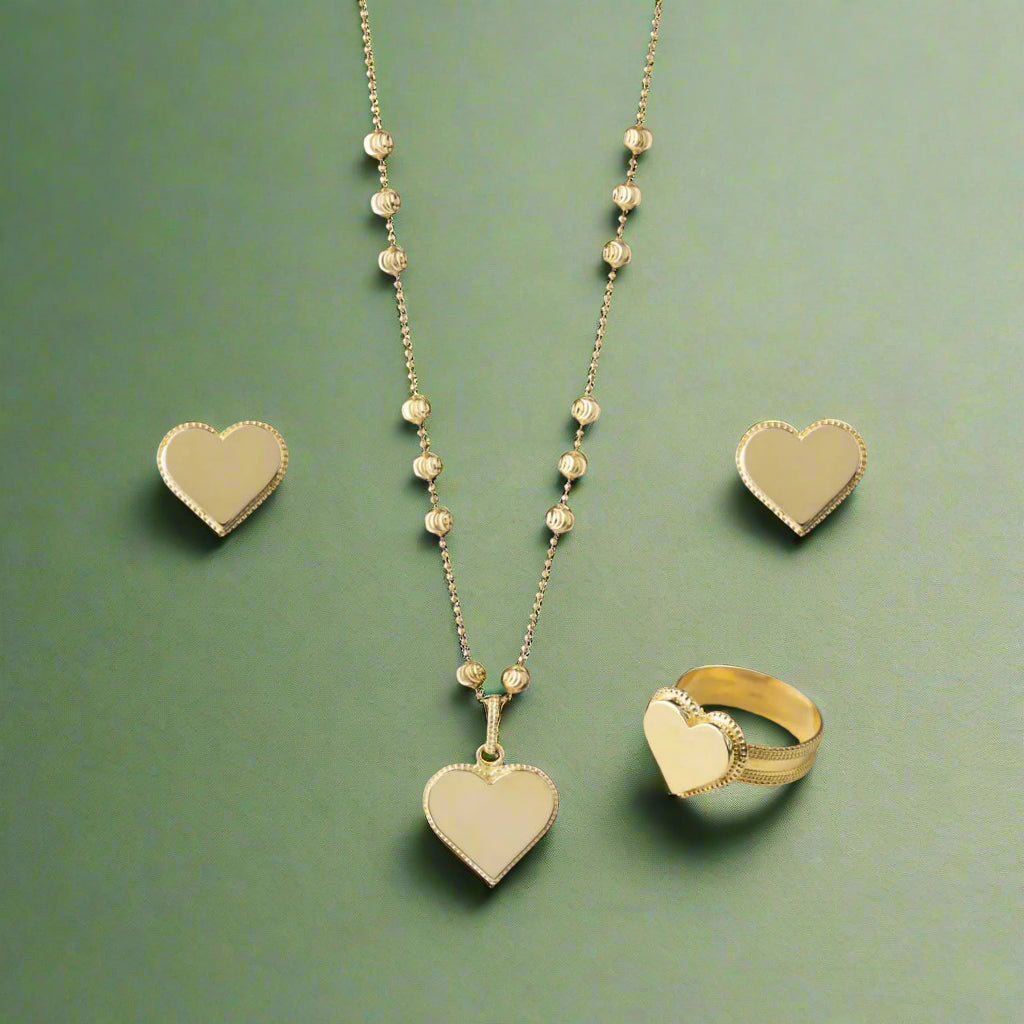 21K Yellow Gold Personalized Heart Pendant Necklace Set for Ladies