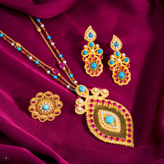 21K Yellow Gold Teardrop-Shaped Pendant Set With Muti-Gemstones