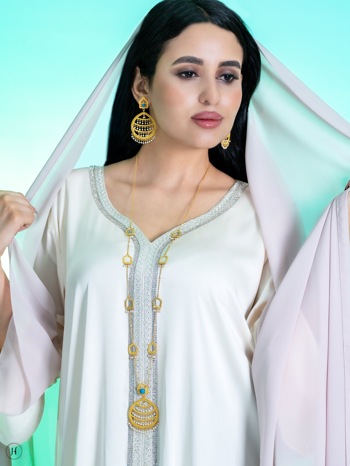 21K Yellow Gold Wide-Pear Bahraini Long Necklace Set in dubai for women | arabic jewelry in Dubai and Sharjah