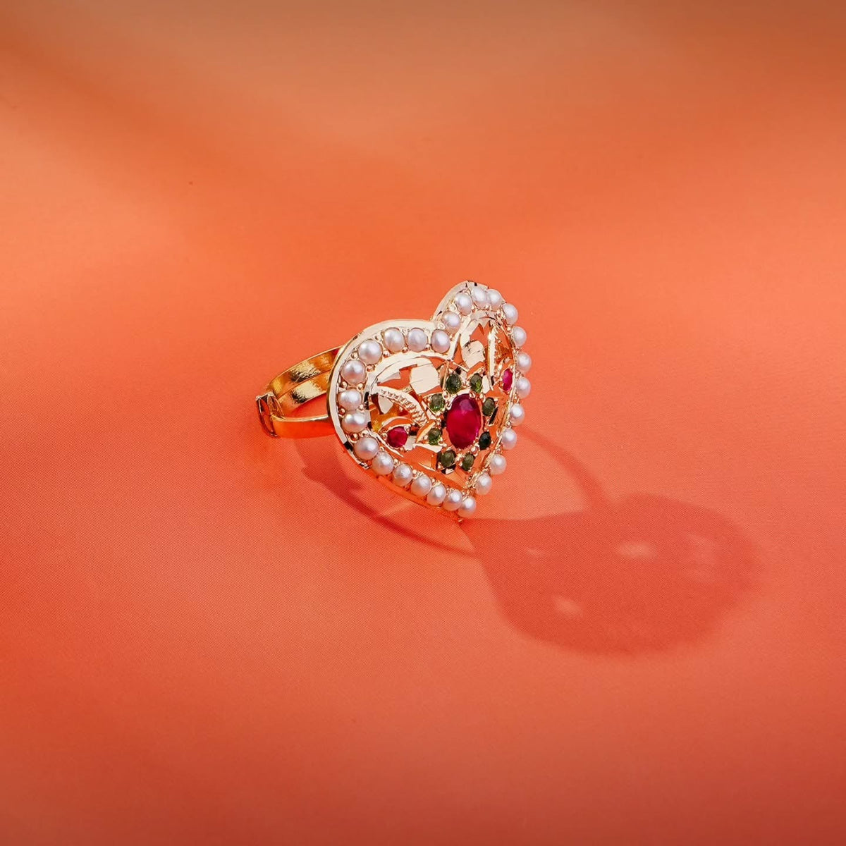 21K gold Pakistani heart ring with ruby, emerald and pearl accents