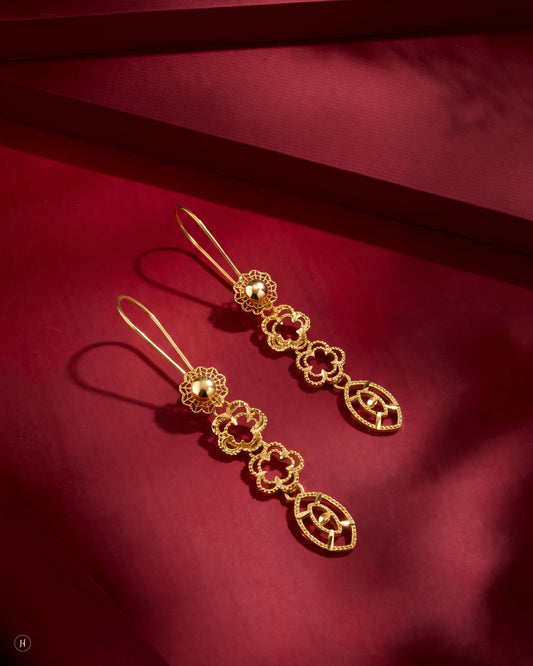 21K yellow gold Bahraini floral lace drop earrings with coin tassels for Emirati women in UAE.
