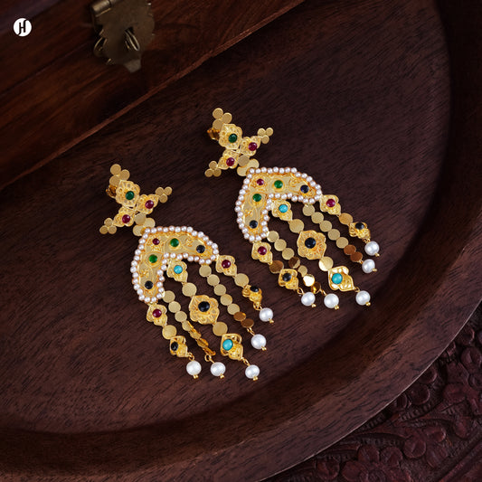 21K yellow gold multi-gemstone chandelier earrings with ruby, emerald, sapphire, turquoise and pearl drops, traditional Arabic gold jewellery for Emirati and Khaleeji ladies