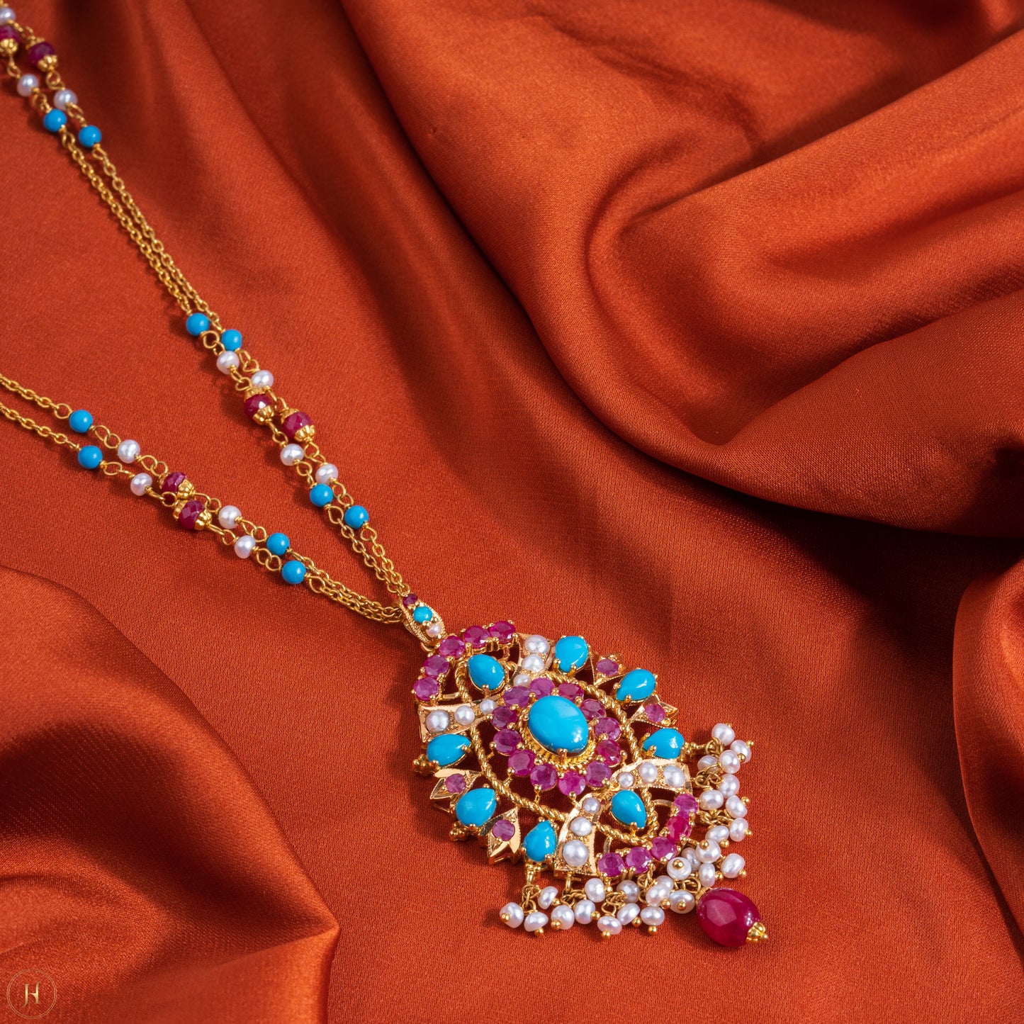 21K Yellow Gold Pakistani Pear Floral Multi-Gemstone Necklace Set for women | online Emirati jewellery store