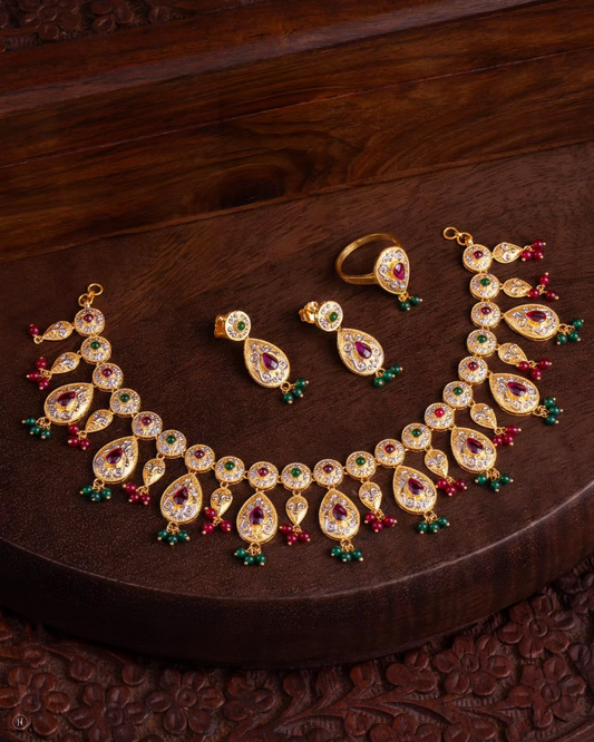 21Karat Gold Bahraini Teardrop & Floral Choker Set with Ruby-Emerald for ladies in Dubai