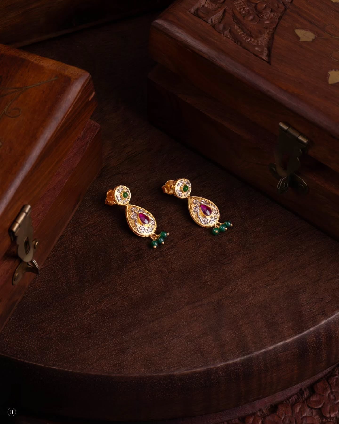 21Karat Gold Bahraini Teardrop earrings with Ruby-Emerald for ladies in Dubai