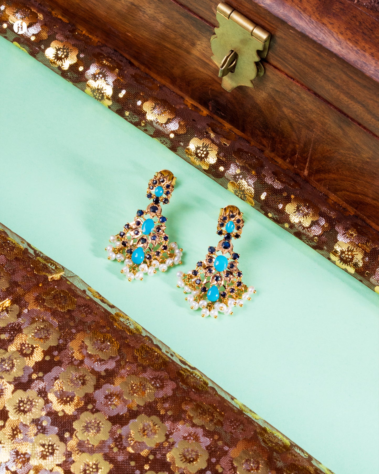 21Karat Yellow Gold Pakistani Floral Turquoise Earrings in UAE for Arab women