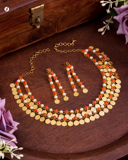 21Karat Yellow Gold Bahraini Coral & Pearl Coin Choker Set for ladies in Dubai | Online jewellery store in Sharjah