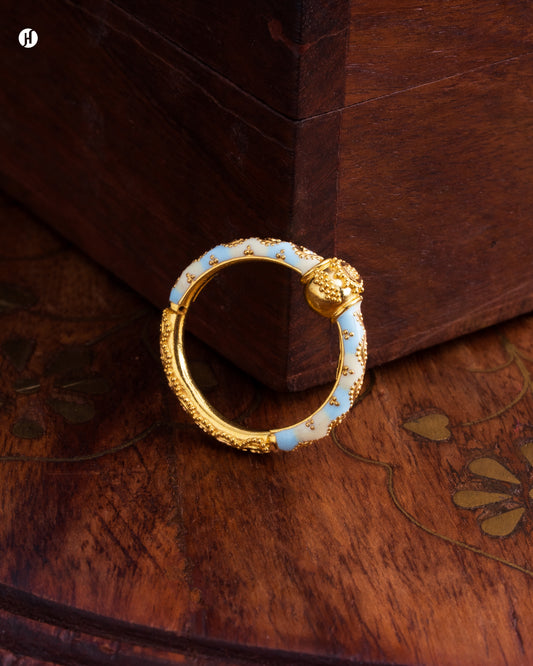 21Karat Yellow Gold Bahraini Cream and Sky Blue Meena Ring