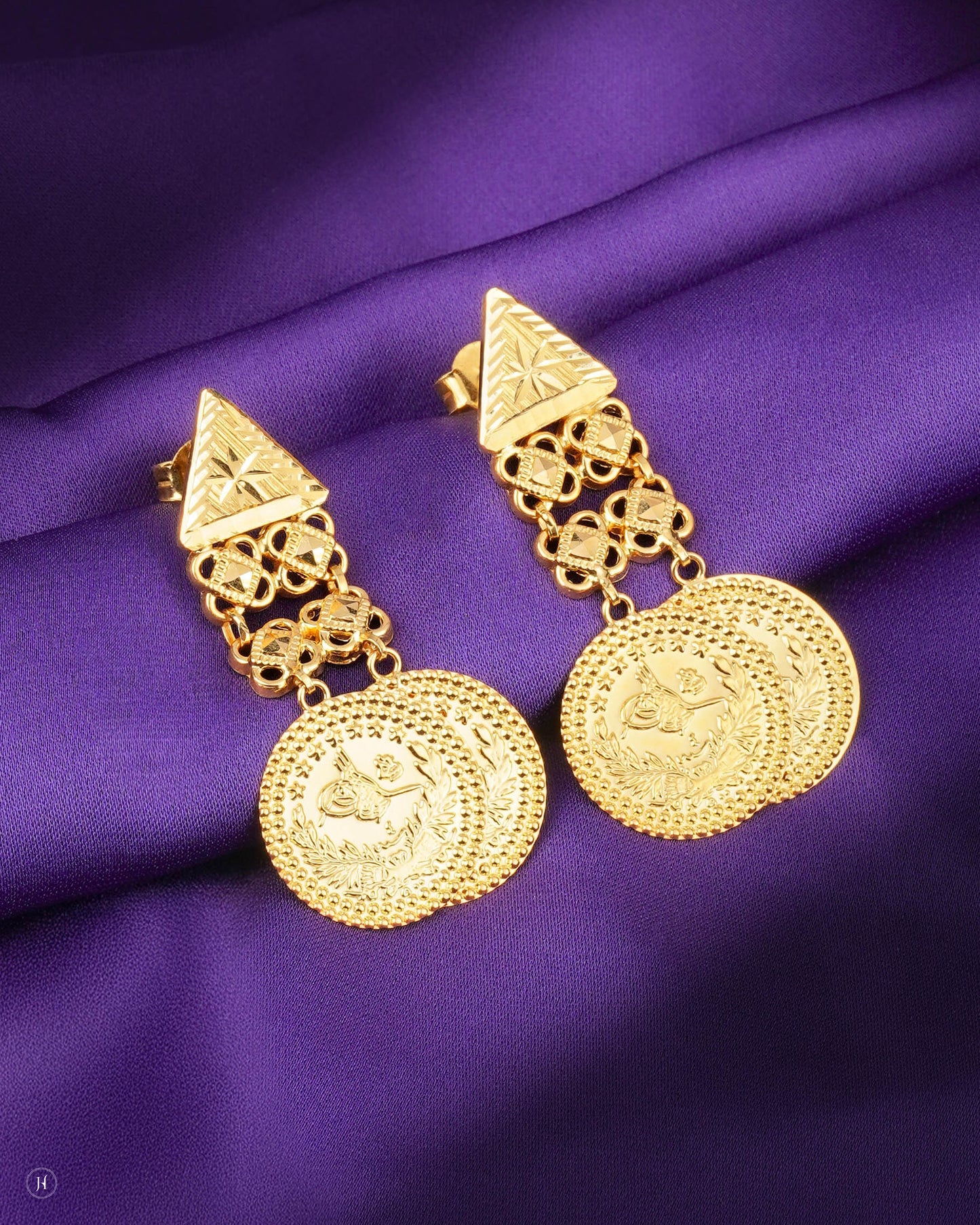 21Karat Yellow Gold Bahraini Dual Coin Drop traditional Earrings | Online Jewellery Store in UAE - J.H Jewellers