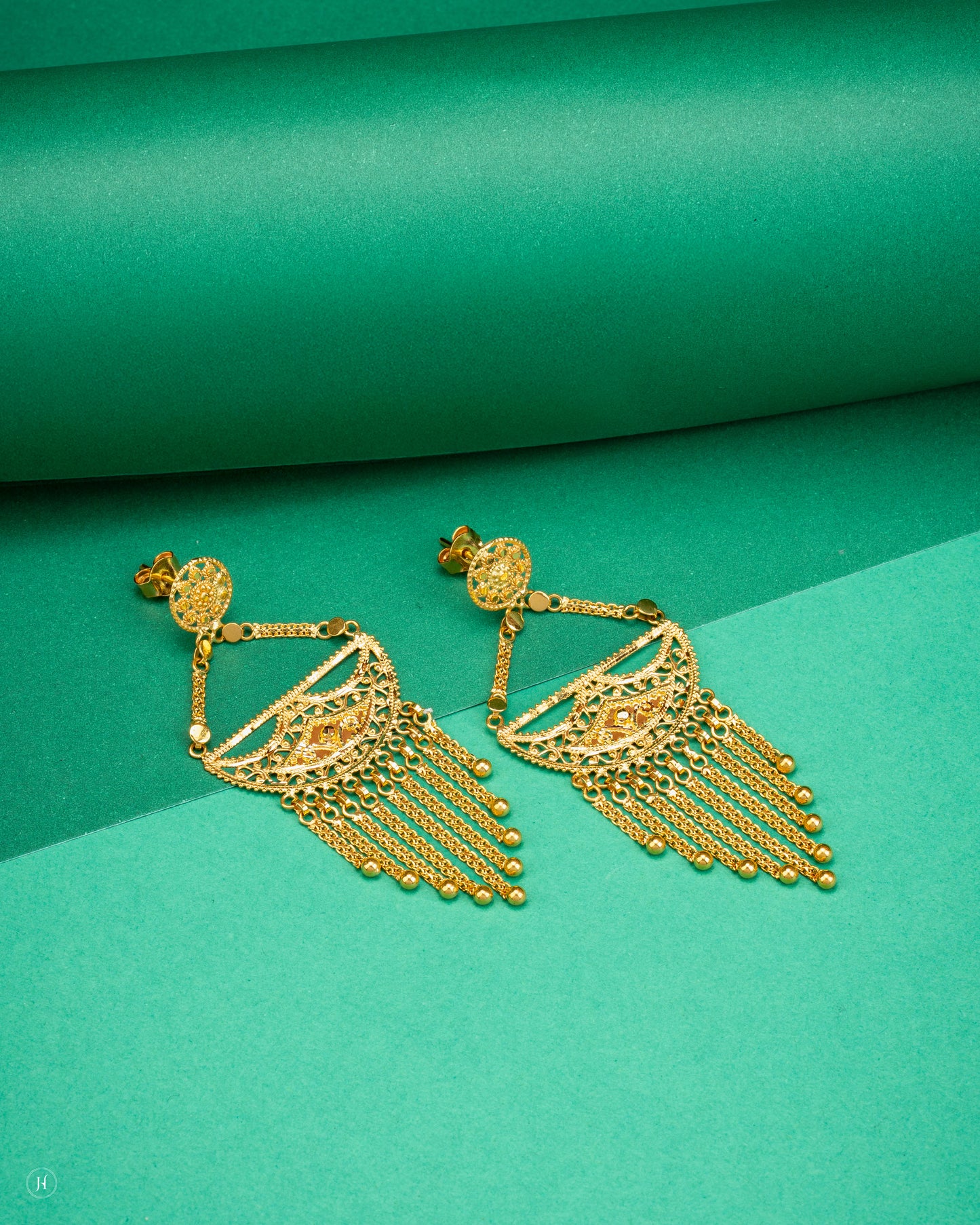 21Karat Yellow Gold Bahraini Half-Moon Long Coin Traditional Khaleeji Earrings with tassels.