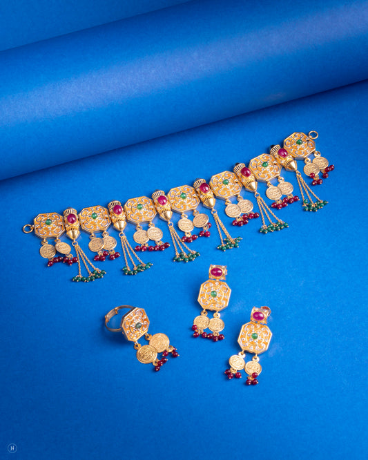 21Karat Yellow Gold Bahraini Heritage Coin Choker Set with Gem Tassels | Gold set price in dubai | Bridal jewellery