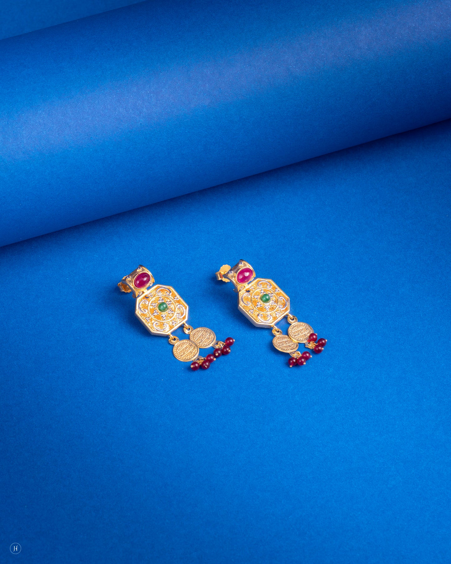 21Karat Yellow Gold Bahraini Heritage Coin Earrings with Gem Tassels | Earrings set price in dubai | Online Bridal jewellery