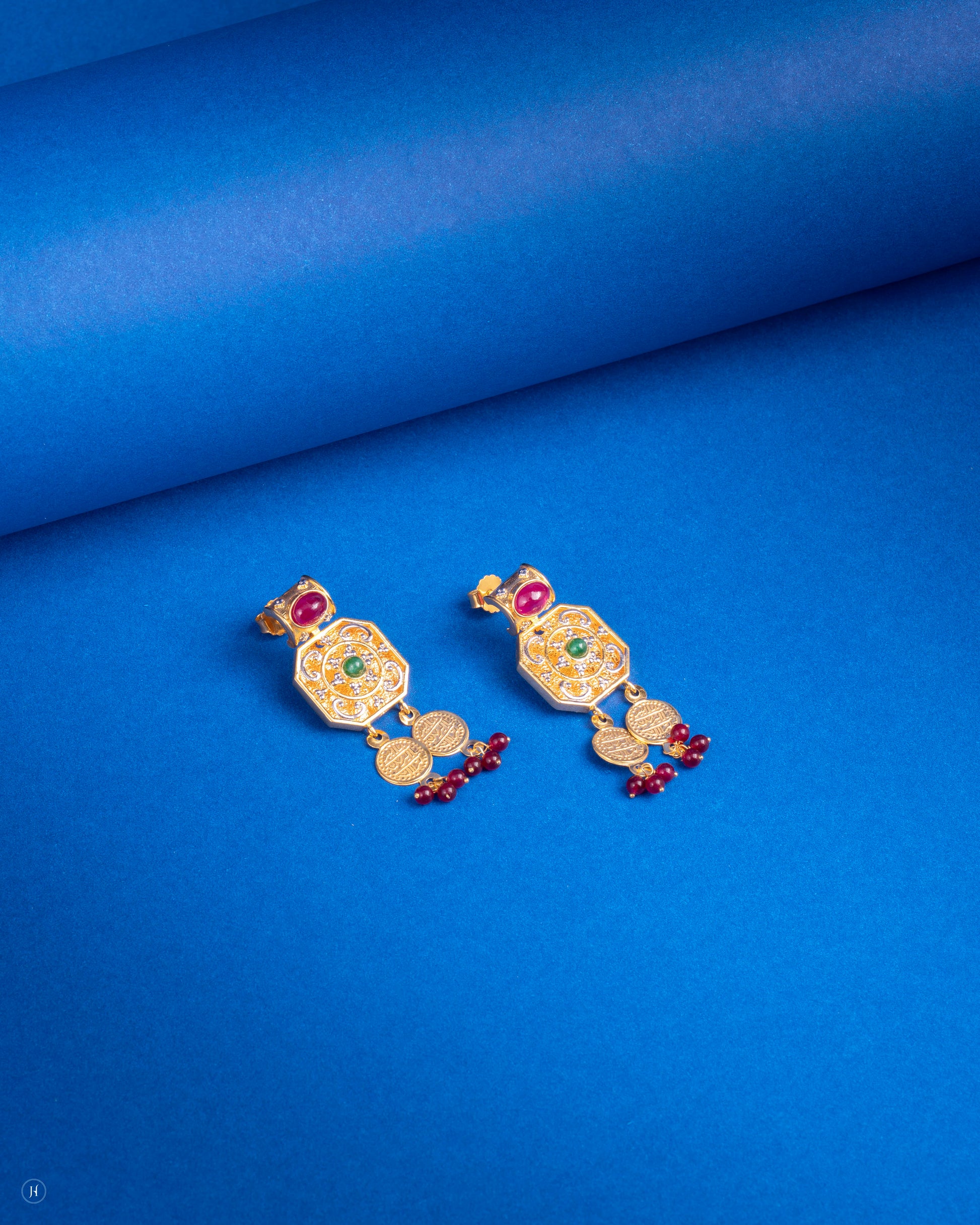 21Karat Yellow Gold Bahraini Heritage Coin Earrings with Gem Tassels | Earrings set price in dubai | Online Bridal jewellery