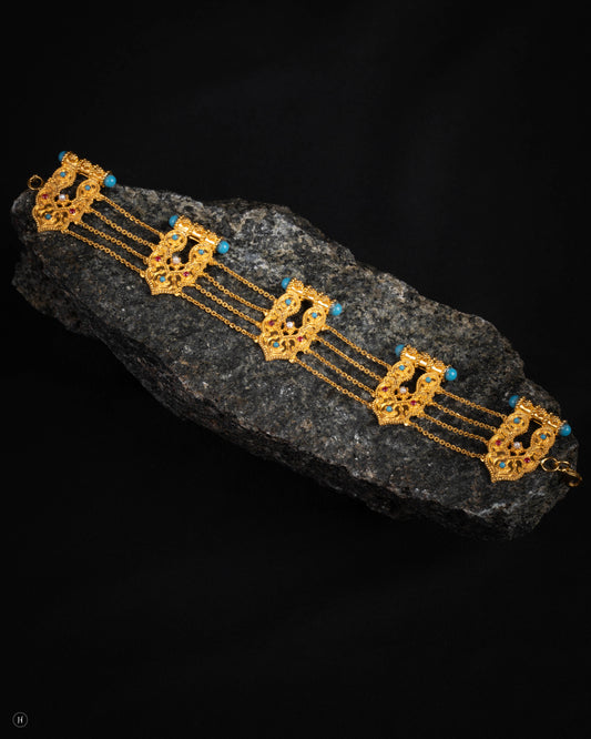 21Karat Yellow Gold Bahraini Heritage Turquoise Chain Bracelet for Ladies for Arab Women