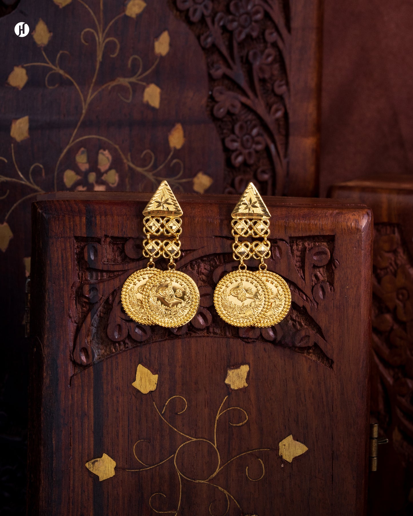 21Karat Yellow Gold Bahraini Layer Lira Coin Bridal Drop Earrings for Ladies | Online jewellery store in UAE