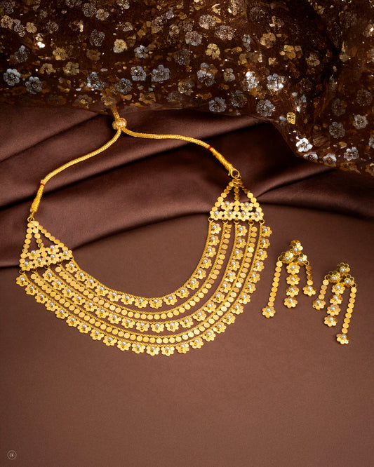21Karat Yellow Gold Bahraini Layered Floral Draped Necklace Set with Pearls for Khaleeji Arab Ladies