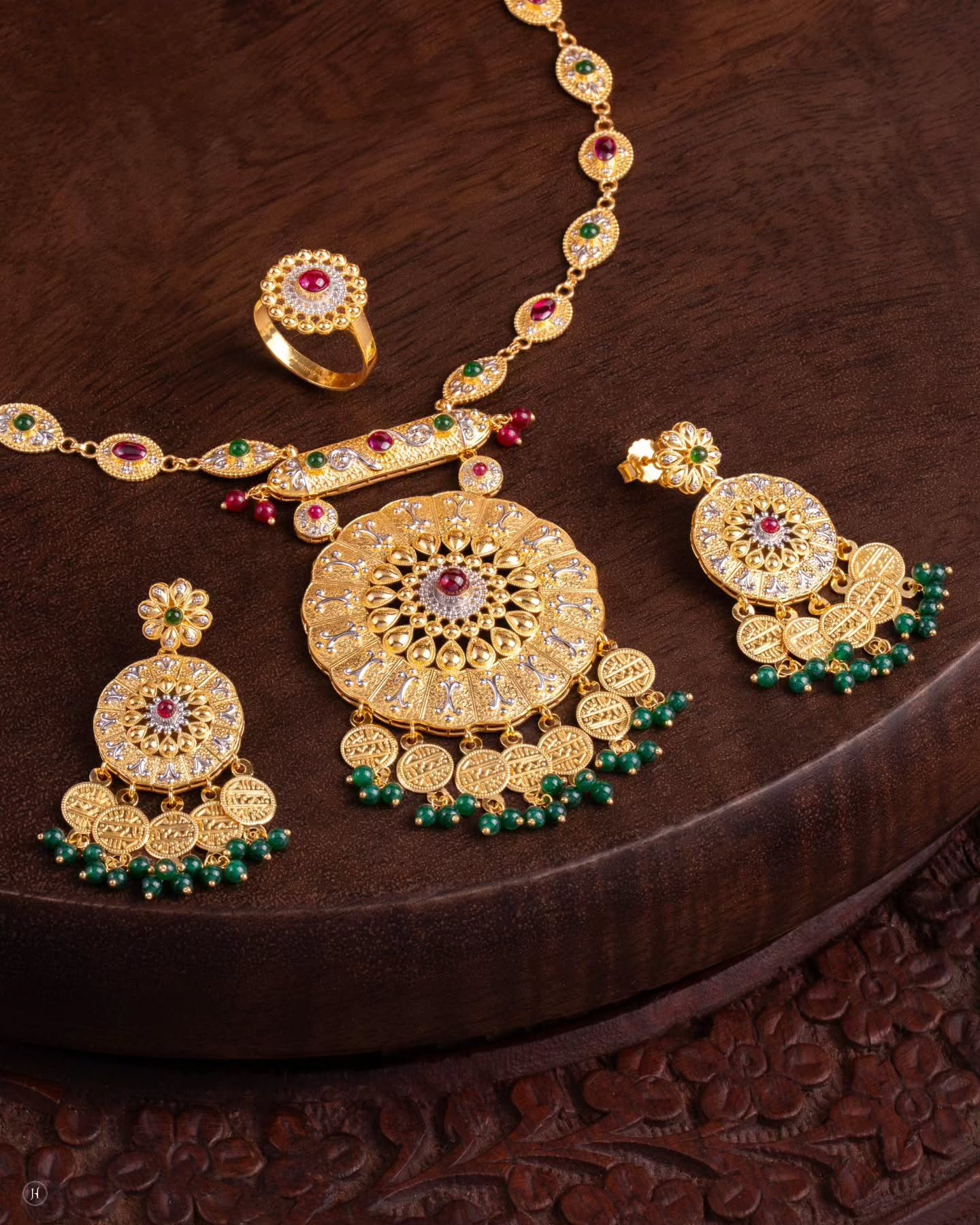21Karat Yellow Gold Bahraini Lira Coin & Floral Choker Set with Ruby-Emerald