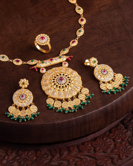 21Karat Yellow Gold Bahraini Lira Coin & Floral Choker Set with Ruby-Emerald