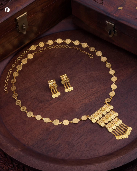 21Karat Yellow Gold Bahraini Lira Coin Waterfall Necklace Set | Bridal necklace for arab women