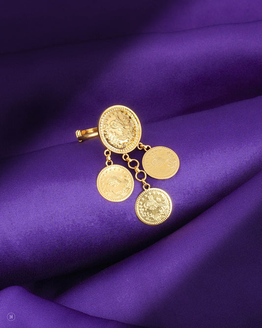 21Karat Yellow Gold Bahraini Lira Tri Coin Drop Ring | Gold ring price in Dubai