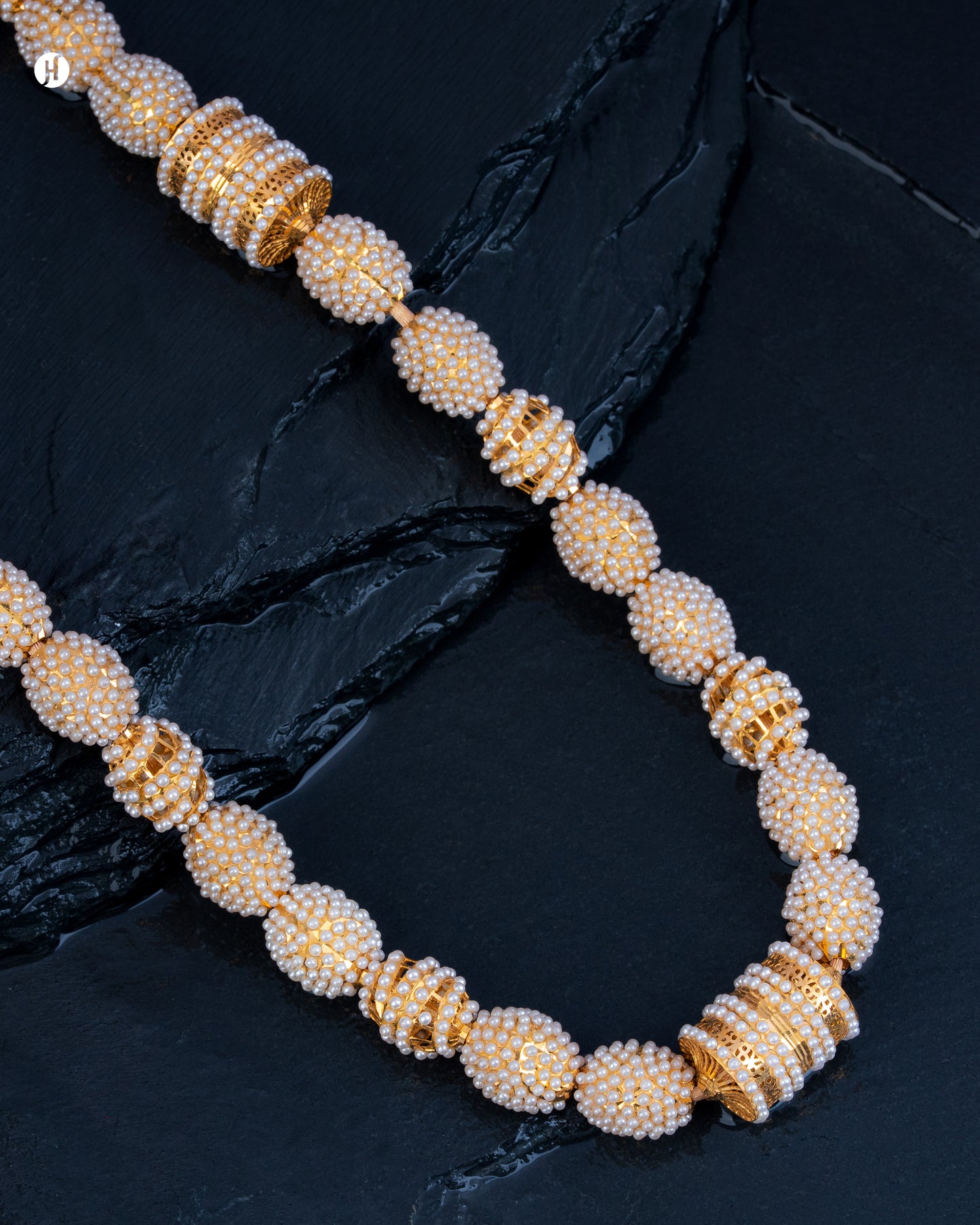 21Karat Yellow Gold Bahraini Pearl Scroll & Beads Long Bridal Necklace | Emirati Jewellery Store - J.H Jewellers Dubai and Sharjah.