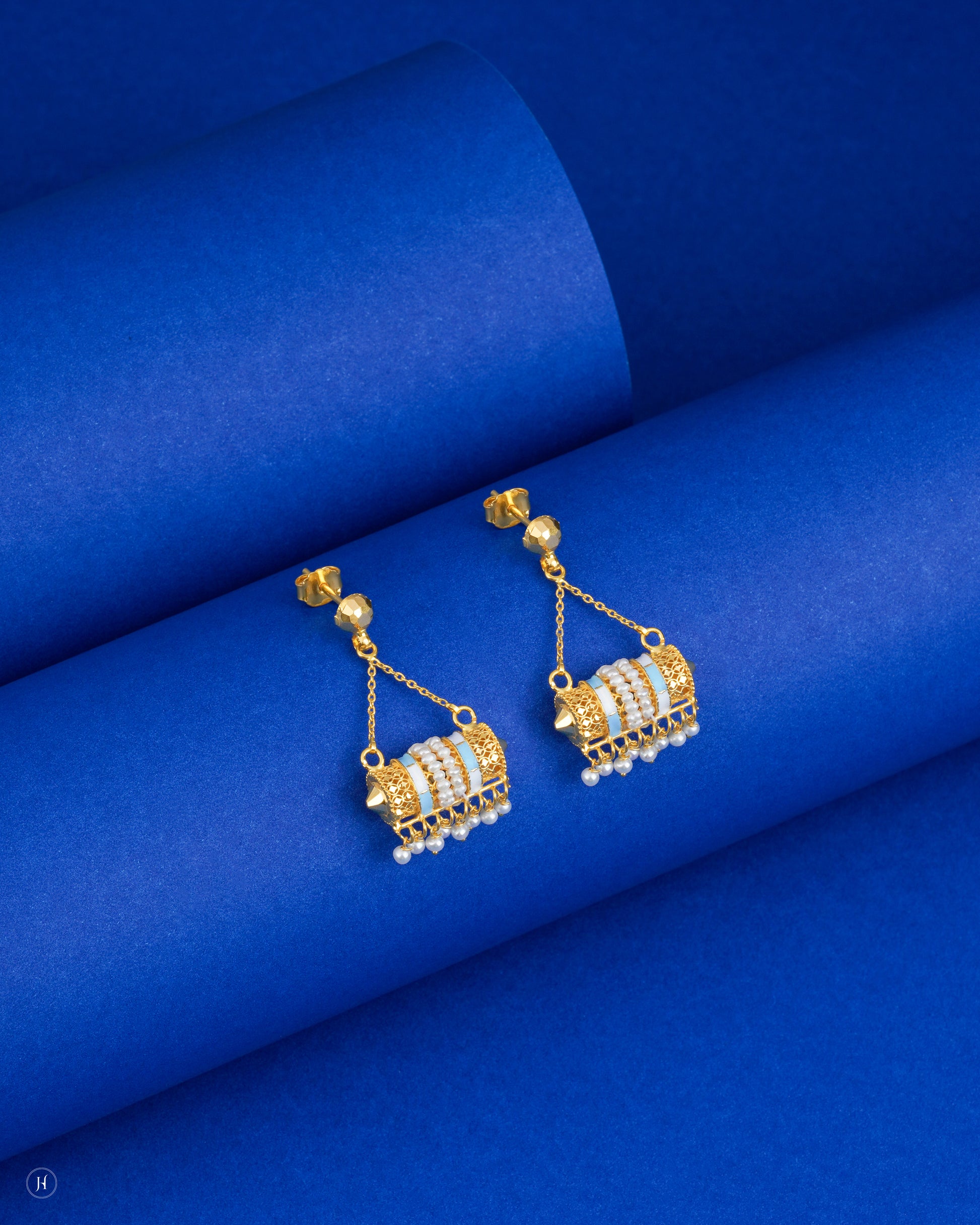 21Karat Yellow Gold Bahraini Scroll Pendant Earrings with freshwater pearls | Bridal Jewellery in Dubai - J.H Jewellers