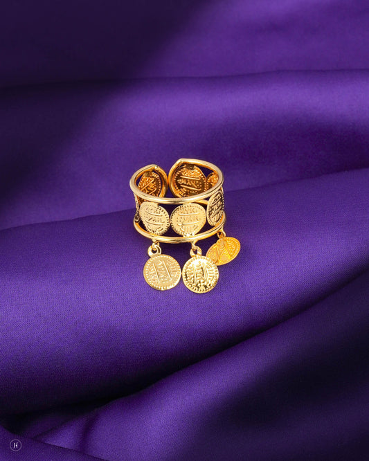 21Karat Yellow Gold Bahraini Traditional Coin Ring with lira Coin Hanging