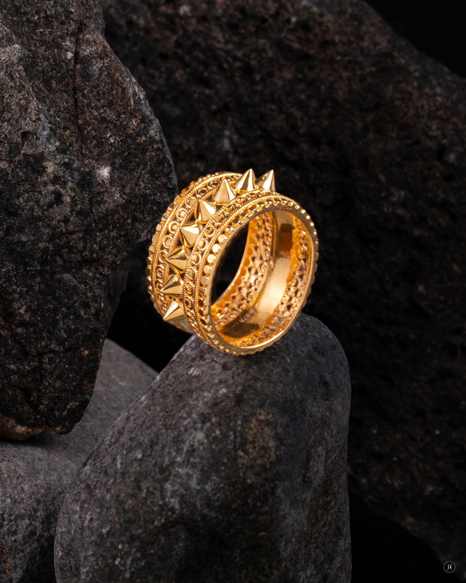 21Karat Yellow Gold Bahraini Triple-Band Spiked Statement Ring for