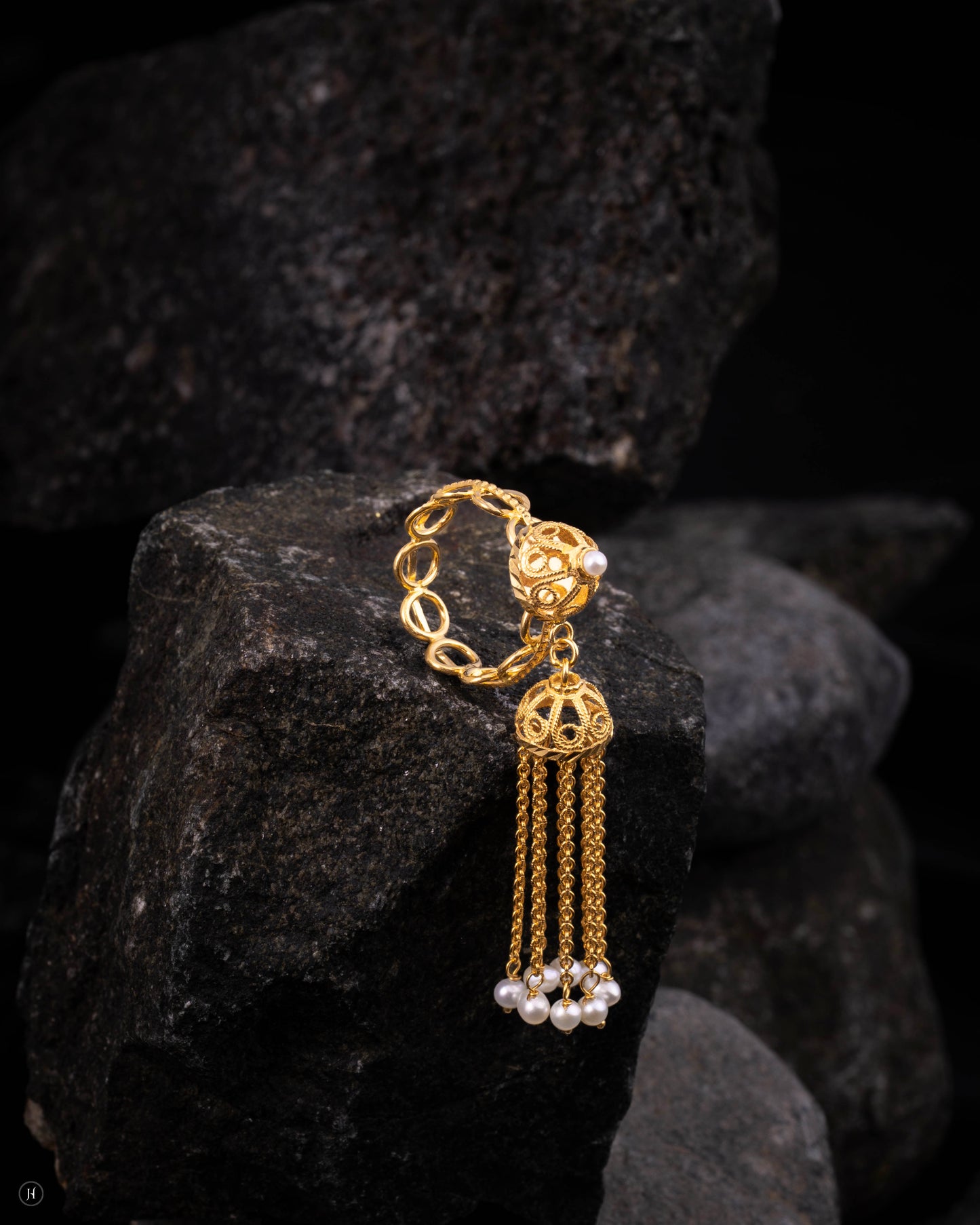 21Karat Yellow Gold Chain Ring with Pearled Tassel Drop for Arab Ladies in Dubai