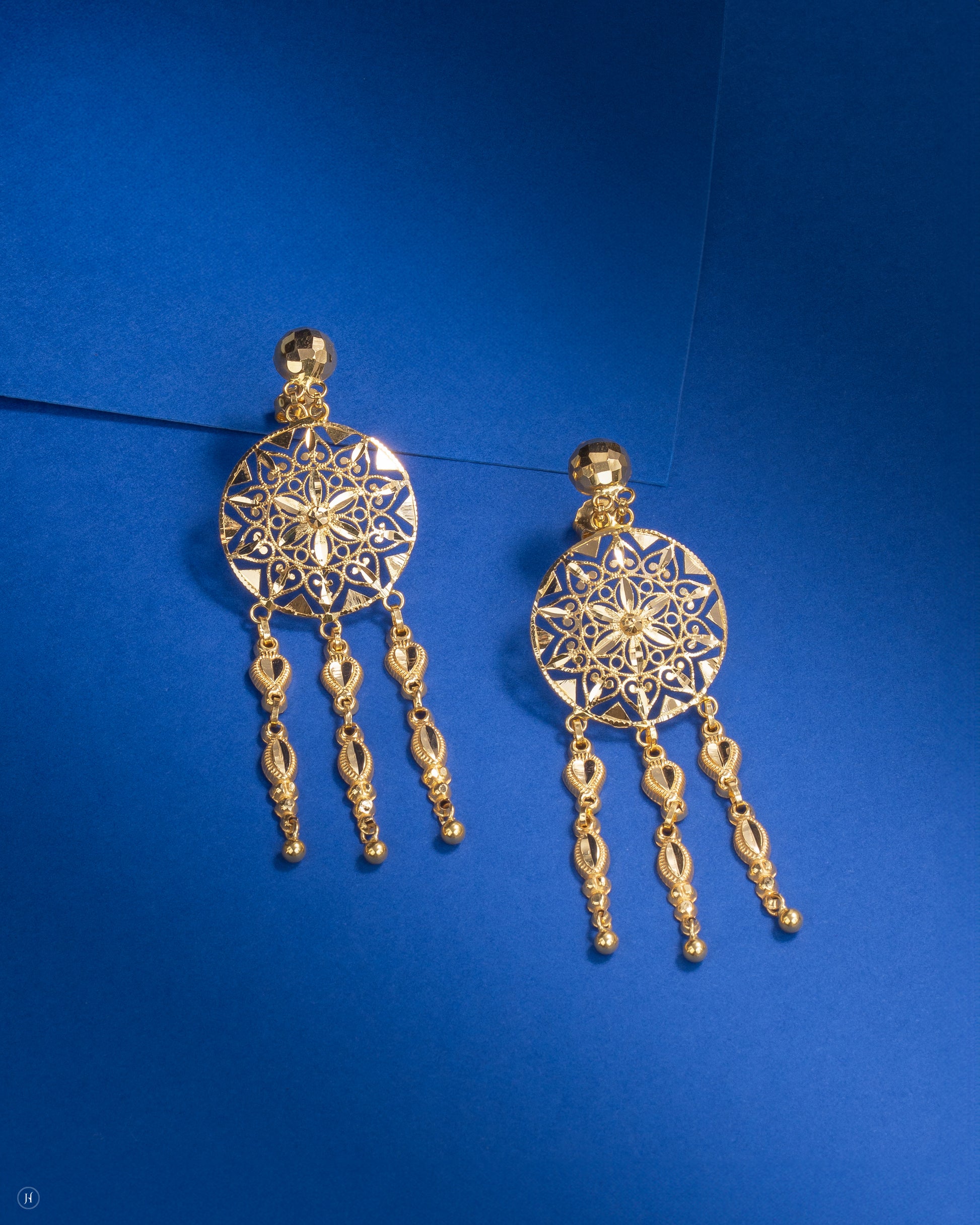 21Karat Yellow Gold Floral-Coin earrings | Omani Bridal earring design in UAE