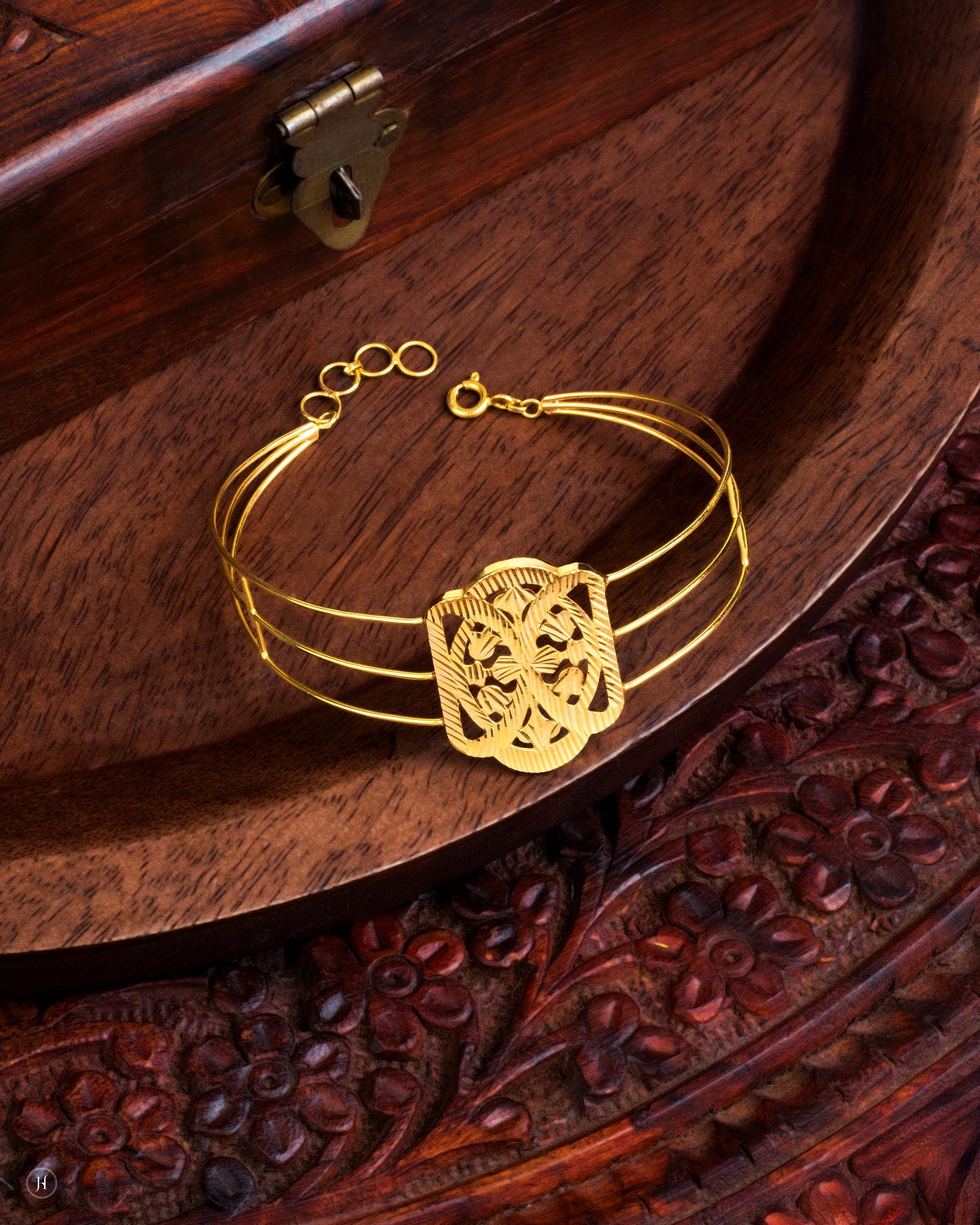 21K Yellow Gold Floral Motif Adjustable Bangle | Gift for Her