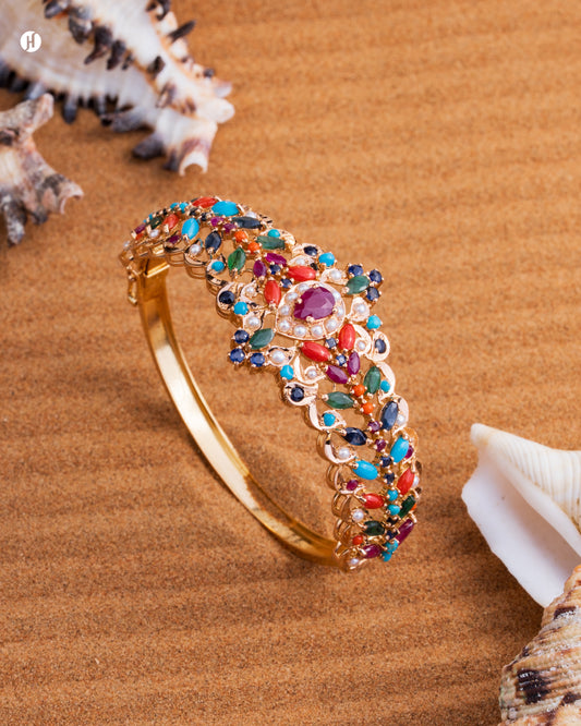21Karat Yellow Gold Pakistani Floral Gemstone Bangle | Handmade Gold Jewellery in UAE